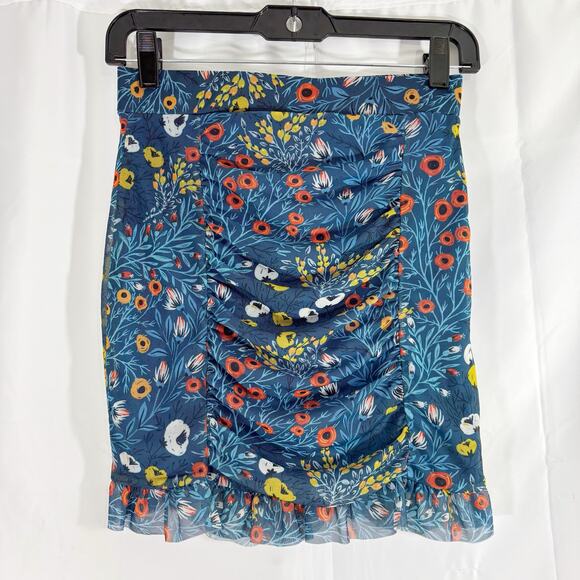 Free People Romi Mesh Mini Skirt Blue Floral Pull-On Stretch Small Women - Picture 2 of 7